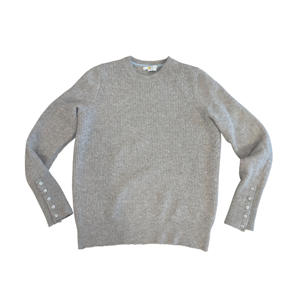 Boden Oatmeal Wool Alpaca Blend Ribbed Crewneck Sweater Jeweled Sleeves Size S